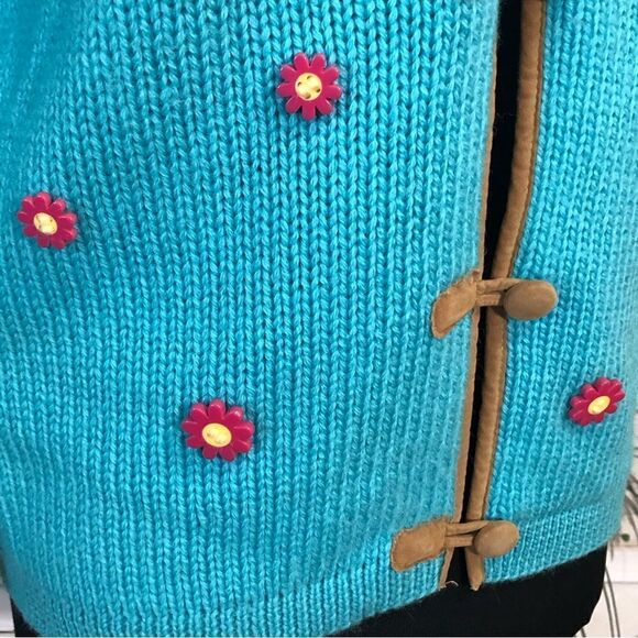 Vintage 70s 80s Cardigan Pink Daisies Teal Blue - Medium - Picture 4 of 8